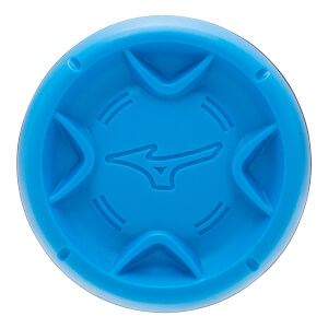 Top-down view of a blue bat end cap with a raised Mizuno logo, four V-shaped elements, and curved lines.