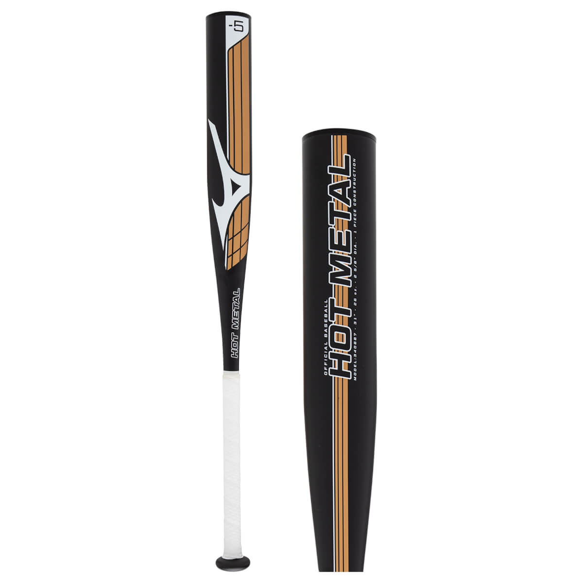 Full view and close-up of a black baseball bat with bronze and white barrel design, white grip, and HOT METAL branding.