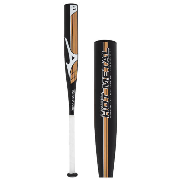 Full view and close-up of a black baseball bat with bronze and white barrel design, white grip, and HOT METAL branding.