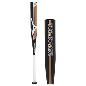 Full view and close-up of a black baseball bat with bronze and white barrel design, white grip, and HOT METAL branding.