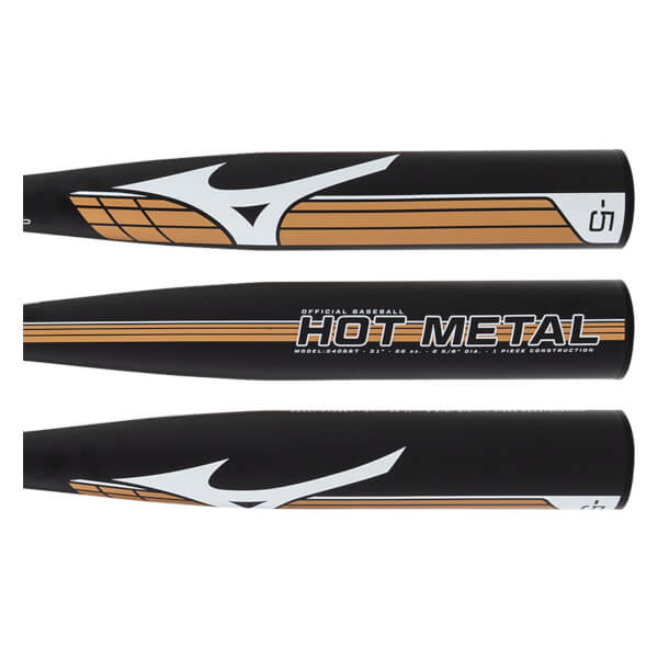 Composite view of a black baseball bat barrel with white Mizuno logos, orange striped accents, and -5 HOT METAL text.