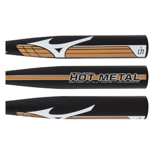 Composite view of a black baseball bat barrel with white Mizuno logos, orange striped accents, and -5 HOT METAL text.