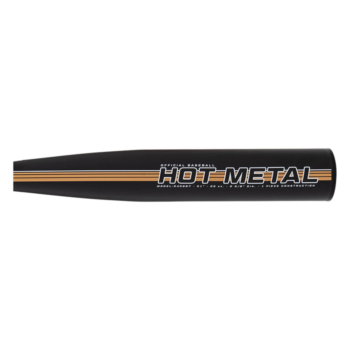 Side view of a black baseball bat with HOT METAL branding, three gold stripes, and white product specifications.