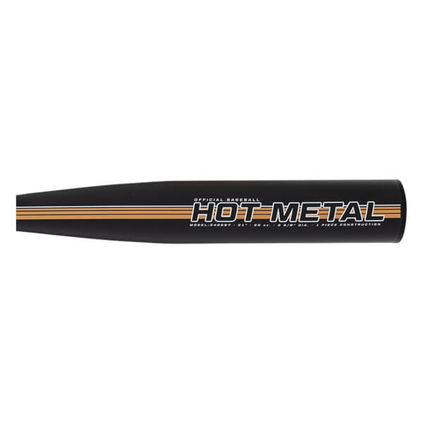 Side view of a black baseball bat with HOT METAL branding, three gold stripes, and white product specifications.