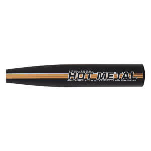 Side view of a black baseball bat with HOT METAL branding, three gold stripes, and white product specifications.