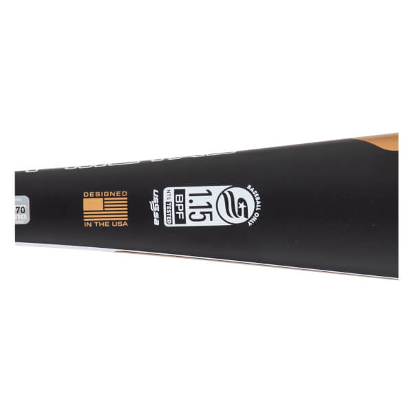 Close-up, angled view of a black baseball bat with DESIGNED IN THE USA flag, USSSA 1.15 BPF certification, and BASEBALL ONLY text.