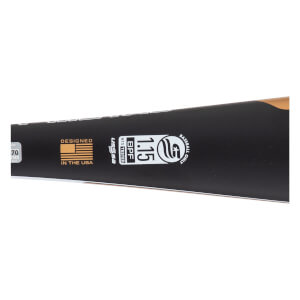 Close-up, angled view of a black baseball bat with DESIGNED IN THE USA flag, USSSA 1.15 BPF certification, and BASEBALL ONLY text.