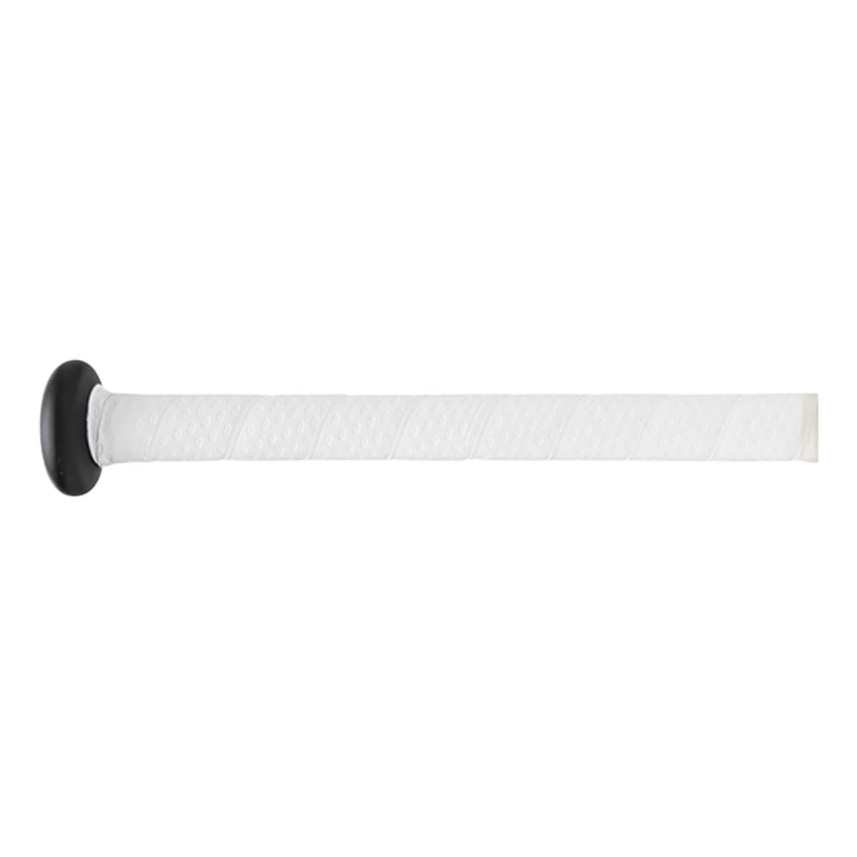 Close-up side view of a baseball bat grip with a black knob and white textured diamond pattern.