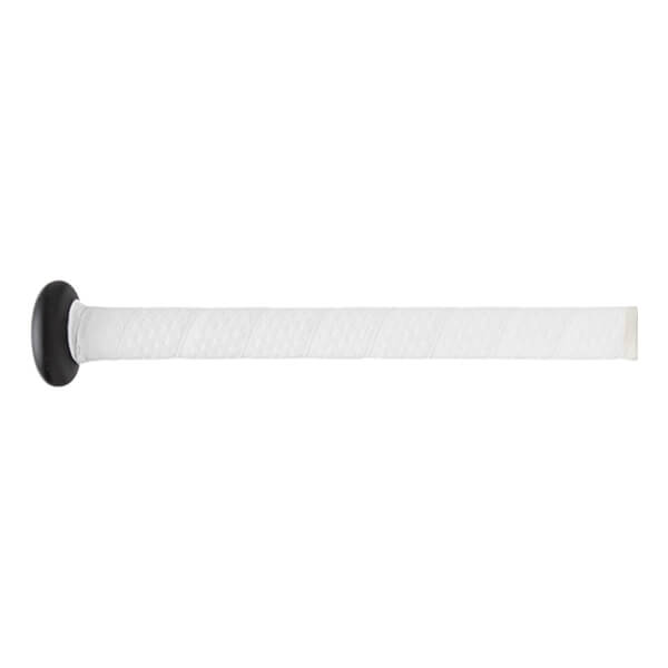 Close-up side view of a baseball bat grip with a black knob and white textured diamond pattern.