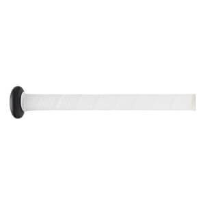 Close-up side view of a baseball bat grip with a black knob and white textured diamond pattern.
