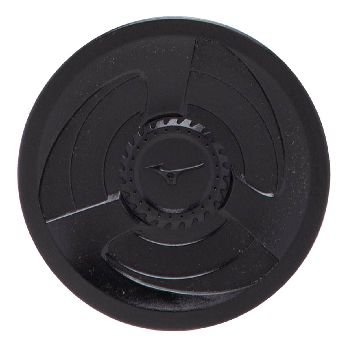 Top-down close-up of a black bat end cap with a central Mizuno logo, gear-like ring, and three curved raised sections.