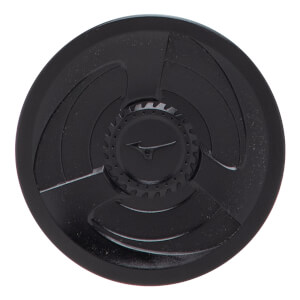 Top-down close-up of a black bat end cap with a central Mizuno logo, gear-like ring, and three curved raised sections.