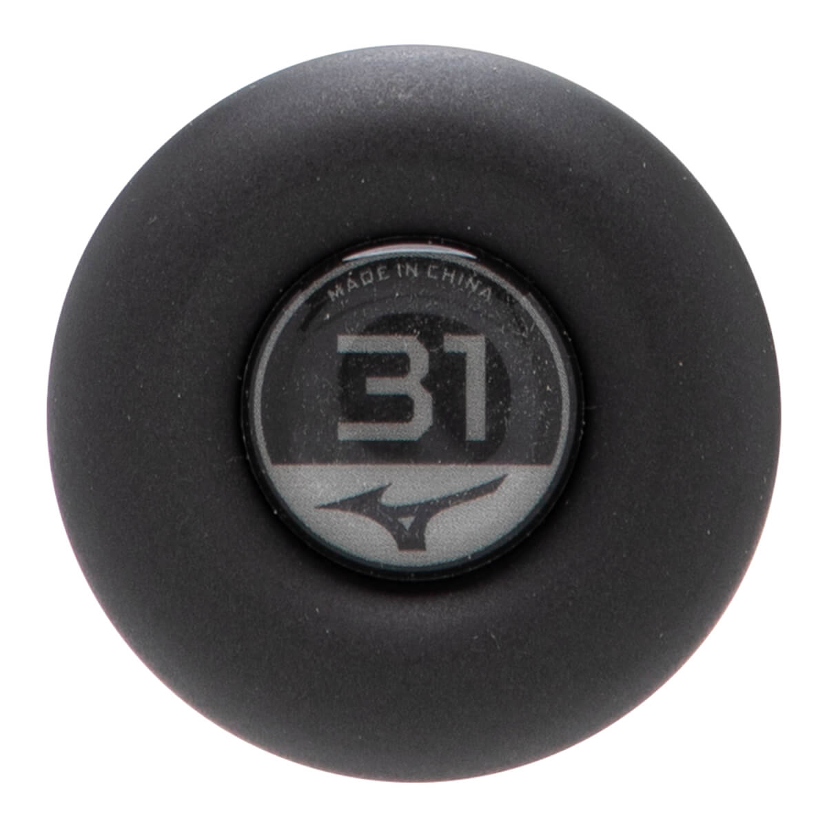 Close-up of a black baseball bat end cap with a circular insert displaying 31, Mizuno logo, and MADE IN CHINA.