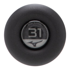 Close-up of a black baseball bat end cap with a circular insert displaying 31, Mizuno logo, and MADE IN CHINA.