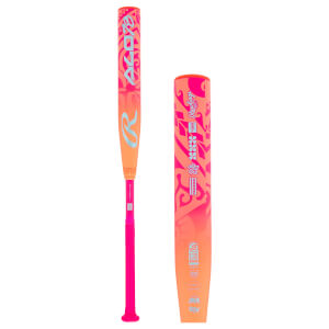 Side-by-side view of an orange and pink fastpitch softball bat, featuring light blue ALO78 graphics and Rawlings branding.