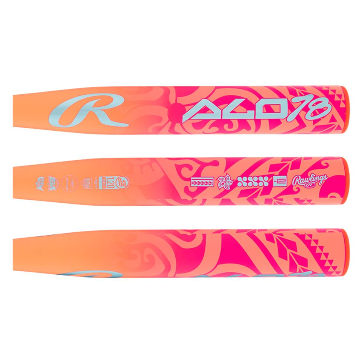 Side views of an orange and pink fastpitch softball bat with light blue R logo, ALO78 text, and tribal patterns.