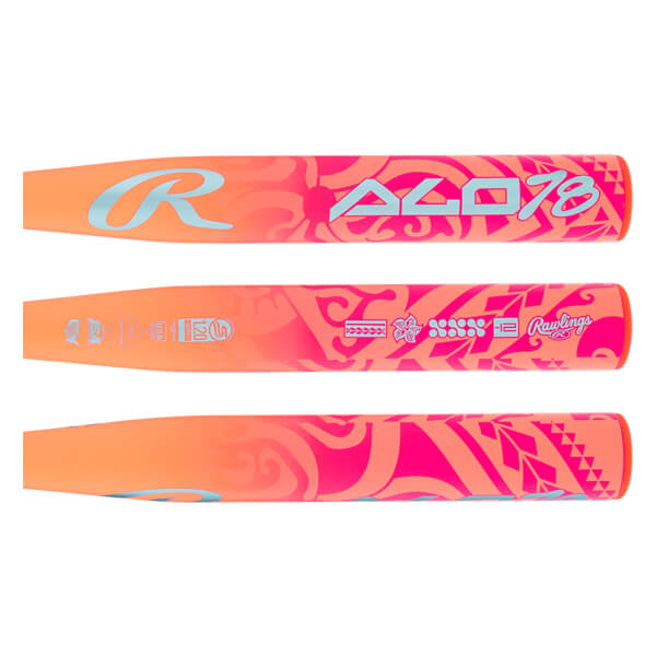 Side views of an orange and pink fastpitch softball bat with light blue R logo, ALO78 text, and tribal patterns.