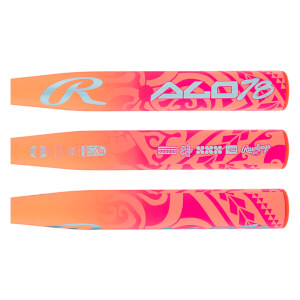 Side views of an orange and pink fastpitch softball bat with light blue R logo, ALO78 text, and tribal patterns.