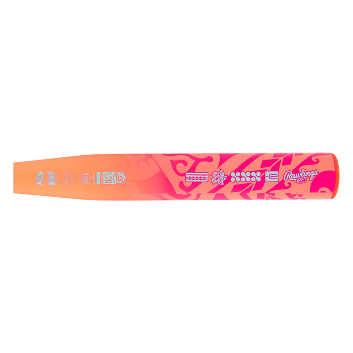 Side view of an orange and pink fastpitch softball bat with a gradient color, intricate patterns, and Rawlings logo.