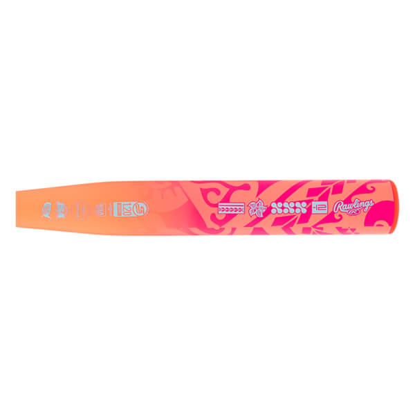 Side view of an orange and pink fastpitch softball bat with a gradient color, intricate patterns, and Rawlings logo.