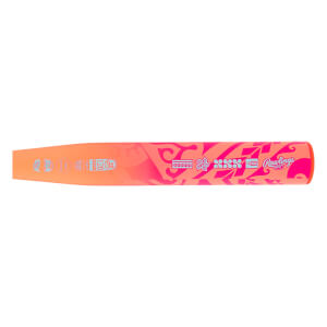 Side view of an orange and pink fastpitch softball bat with a gradient color, intricate patterns, and Rawlings logo.