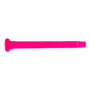Side view of a bright pink fastpitch softball bat showing the rounded knob and textured grip.
