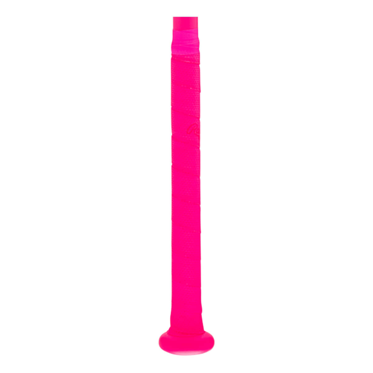 Handle view of a neon pink fastpitch softball bat with textured grip tape and a flared knob.