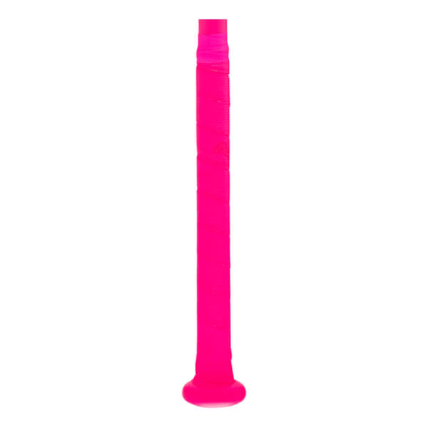 Handle view of a neon pink fastpitch softball bat with textured grip tape and a flared knob.