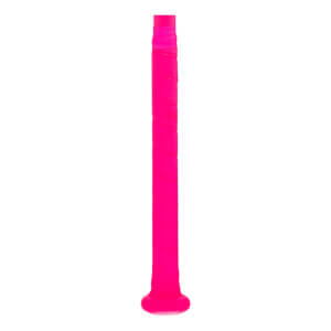 Handle view of a neon pink fastpitch softball bat with textured grip tape and a flared knob.