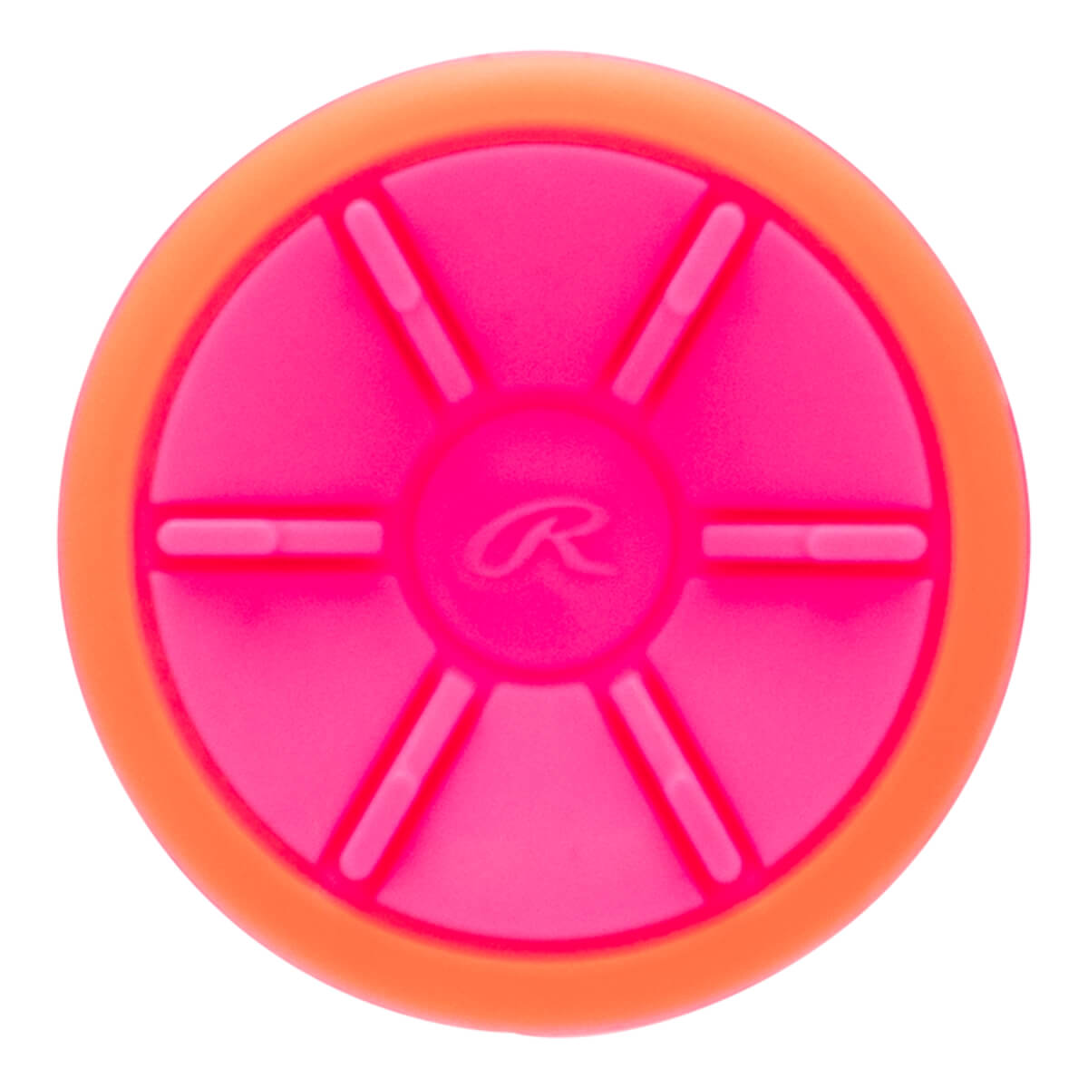 Top-down view of a pink and orange softball bat end cap with a raised Rawlings R logo and segmented design.