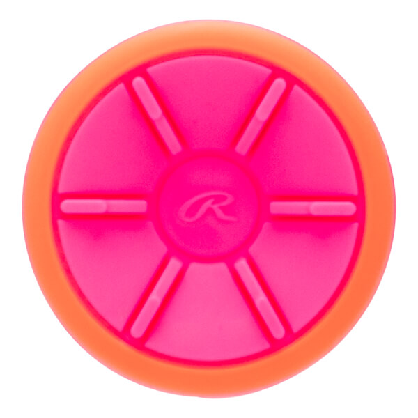 Top-down view of a pink and orange softball bat end cap with a raised Rawlings R logo and segmented design.
