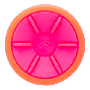 Top-down view of a pink and orange softball bat end cap with a raised Rawlings R logo and segmented design.