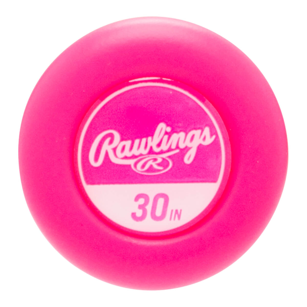 Top-down view of a hot pink bat end cap with a white Rawlings logo and 30 IN text.