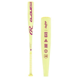 Full view of a light yellow baseball bat with purple CLOUT AI branding and a close-up of its barrel showing Rawlings and icons.