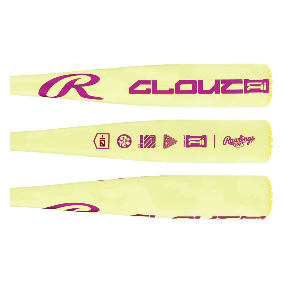 Composite view of a light yellow baseball bat with purple R logo, CLOUTAI text, and various small icons including Rawlings branding.