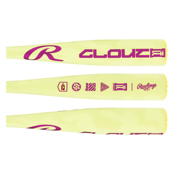 Composite view of a light yellow baseball bat with purple R logo, CLOUTAI text, and various small icons including Rawlings branding.
