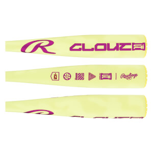 Composite view of a light yellow baseball bat with purple R logo, CLOUTAI text, and various small icons including Rawlings branding.