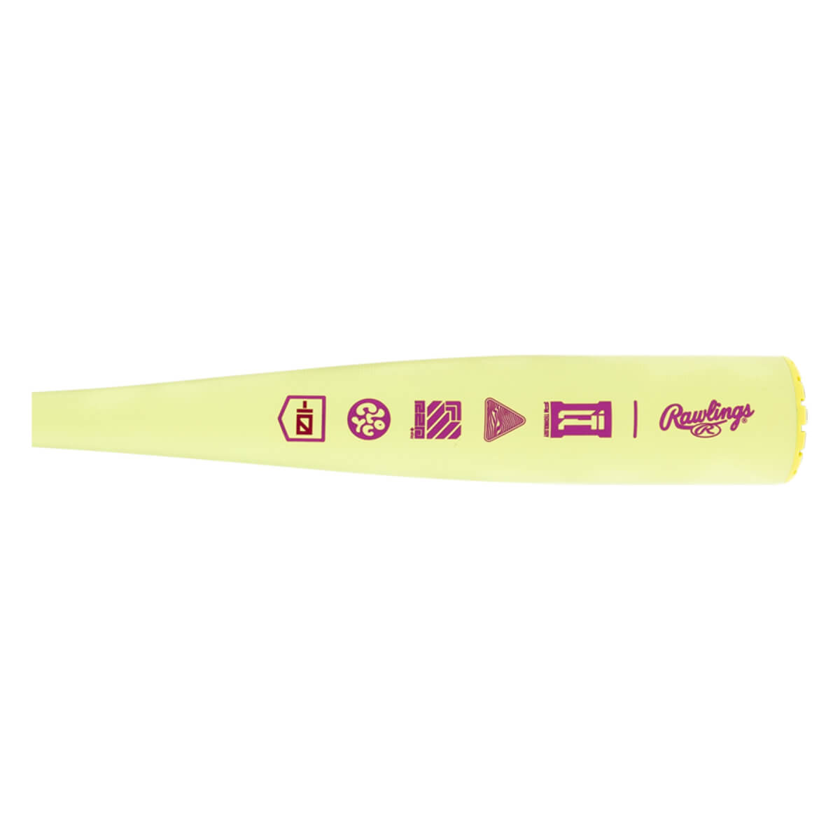 Side view of a lime green baseball bat with purple AI graphic symbols, a Rawlings logo, and a textured yellow end cap.