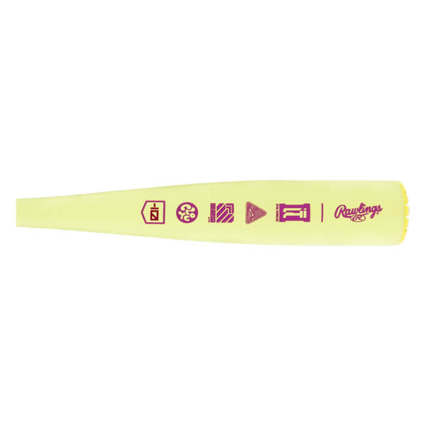 Side view of a lime green baseball bat with purple AI graphic symbols, a Rawlings logo, and a textured yellow end cap.