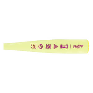 Side view of a lime green baseball bat with purple AI graphic symbols, a Rawlings logo, and a textured yellow end cap.