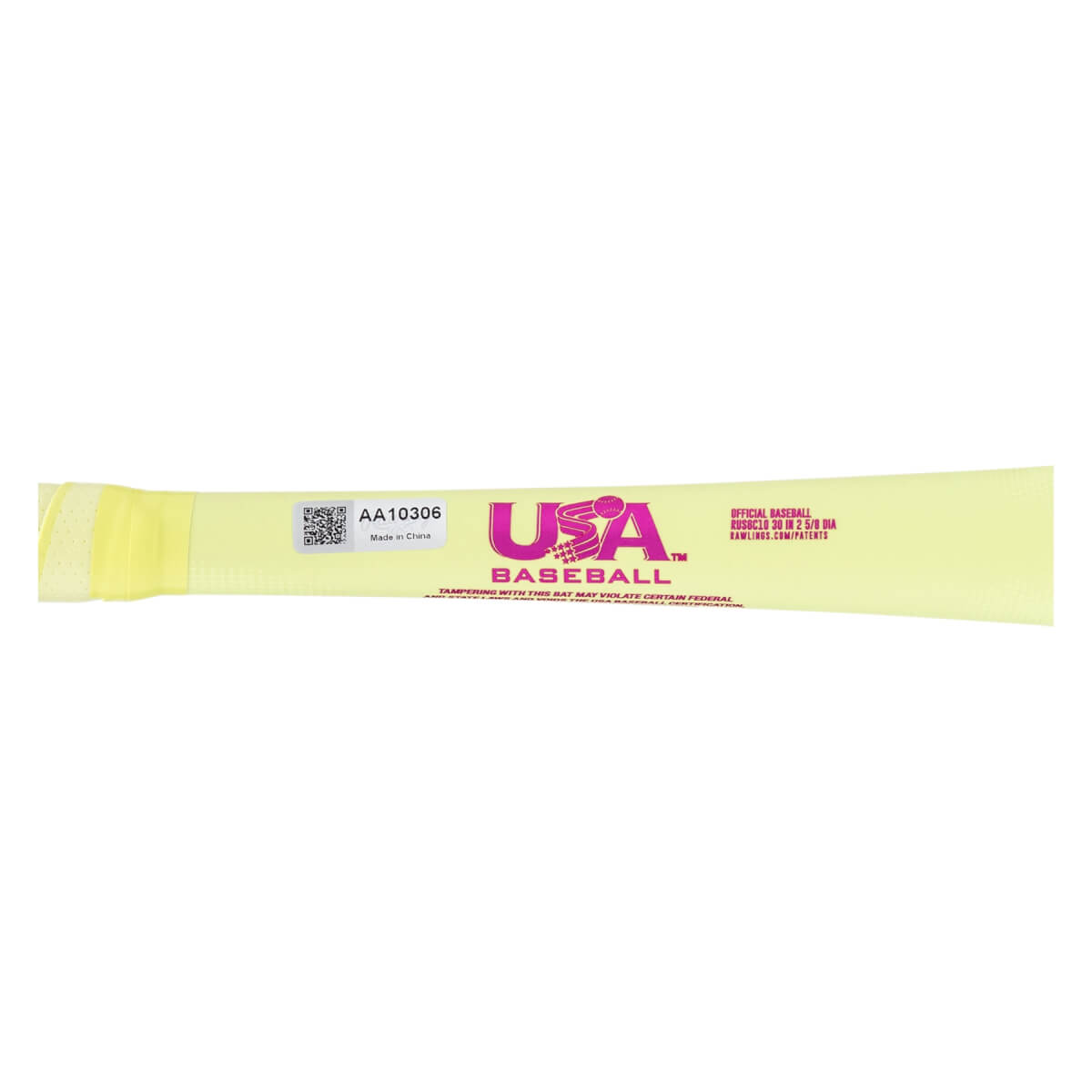 Close-up side view of a lime yellow baseball bat with a pink USA Baseball logo and a barcode label.