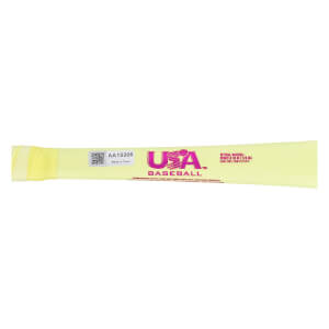 Close-up side view of a lime yellow baseball bat with a pink USA Baseball logo and a barcode label.