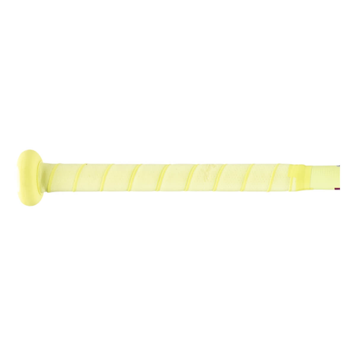 Side close-up of a light yellow baseball bat handle with a spiral-wrapped grip and matching knob.