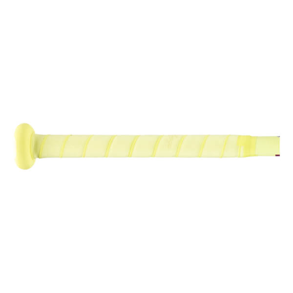 Side close-up of a light yellow baseball bat handle with a spiral-wrapped grip and matching knob.