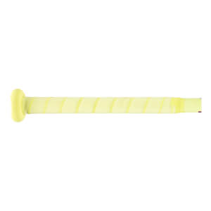 Side close-up of a light yellow baseball bat handle with a spiral-wrapped grip and matching knob.
