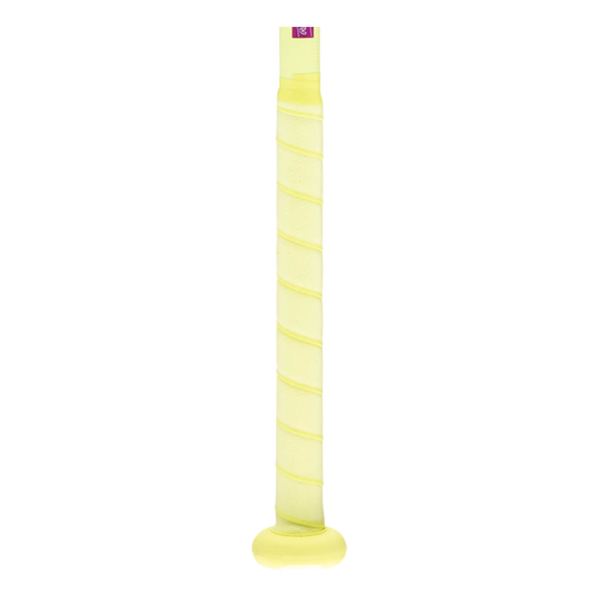 Close-up of a light yellow bat handle with spiral grip tape, a matching knob, and a small purple tag.