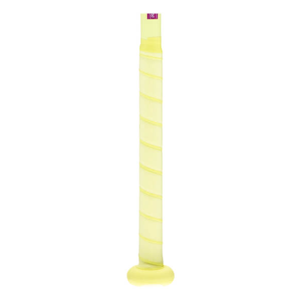 Close-up of a light yellow bat handle with spiral grip tape, a matching knob, and a small purple tag.