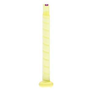 Close-up of a light yellow bat handle with spiral grip tape, a matching knob, and a small purple tag.