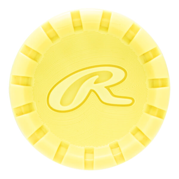 Top-down view of a yellow bat end cap with a raised Rawlings R logo and ridged perimeter.