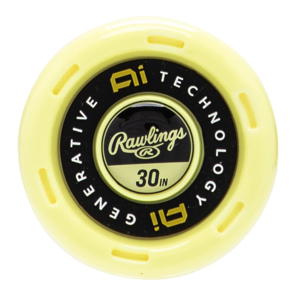 Top-down view of a yellow bat end cap with a black center displaying Rawlings, 30 IN, and AI TECHNOLOGY.
